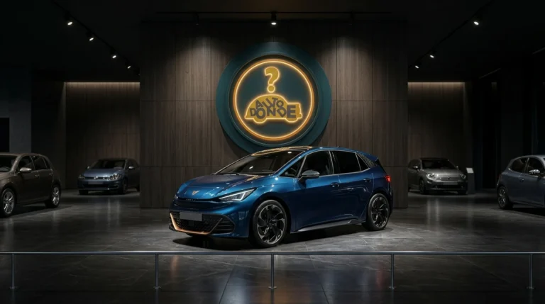 Un vehículo nuevo expuesto bajo luces brillantes en el showroom de una concesionaria de autos moderna.