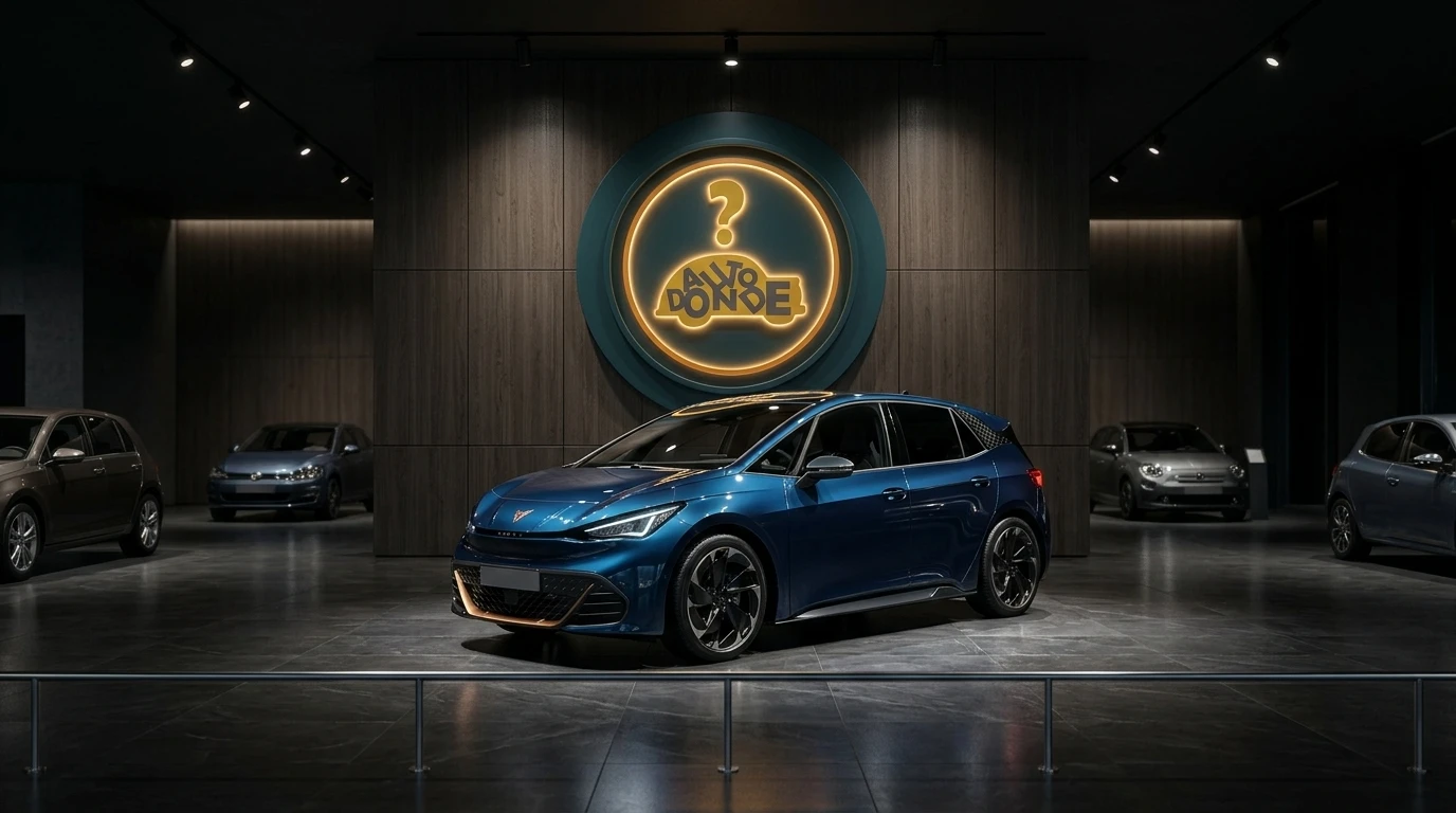 Un vehículo nuevo expuesto bajo luces brillantes en el showroom de una concesionaria de autos moderna.