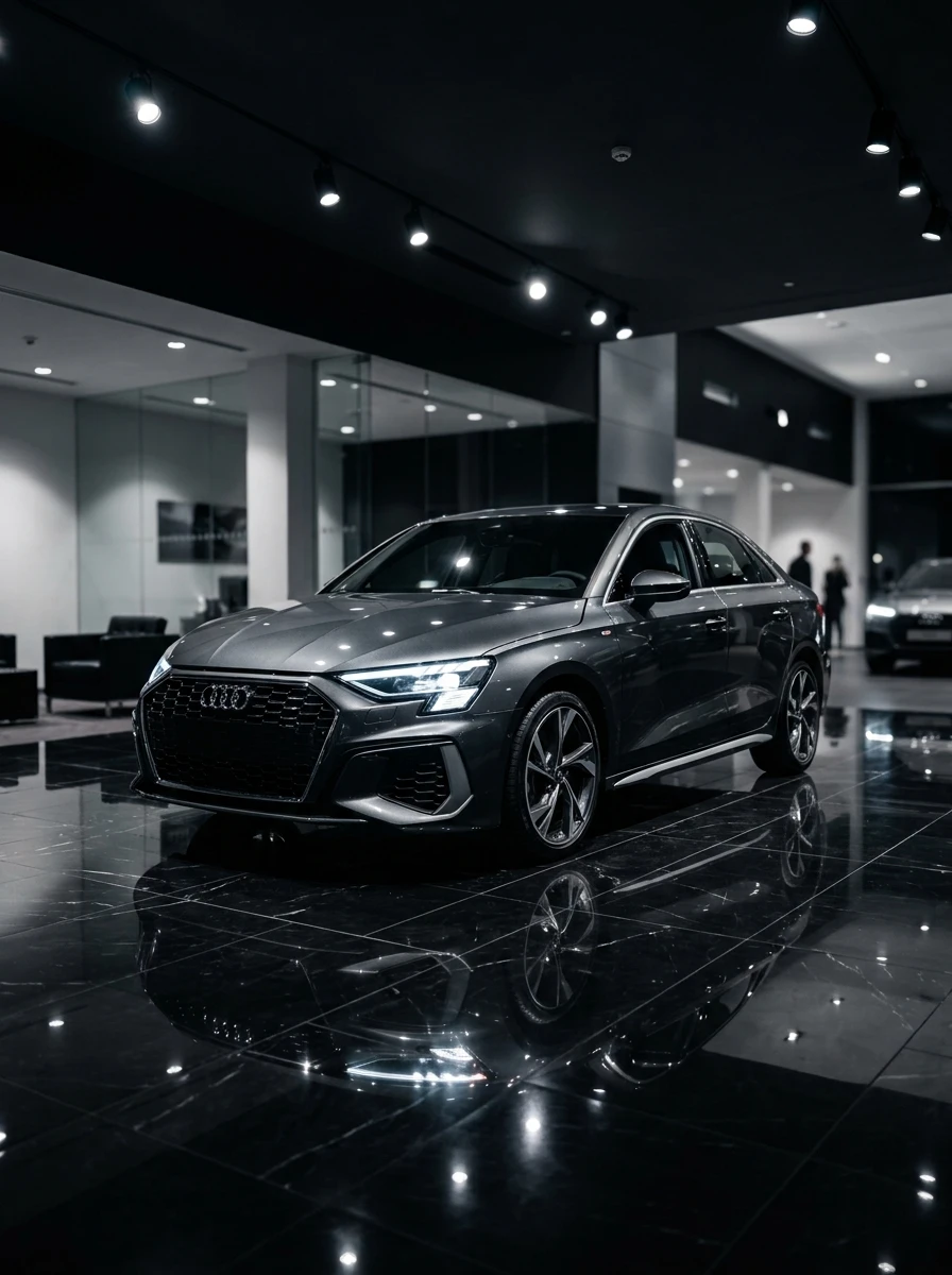 Un vehículo nuevo expuesto bajo luces brillantes en el showroom de una concesionaria de autos moderna.