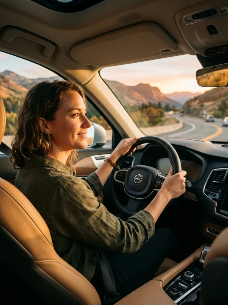 Conductor manejando un auto automático con ambas manos en el volante de forma segura.