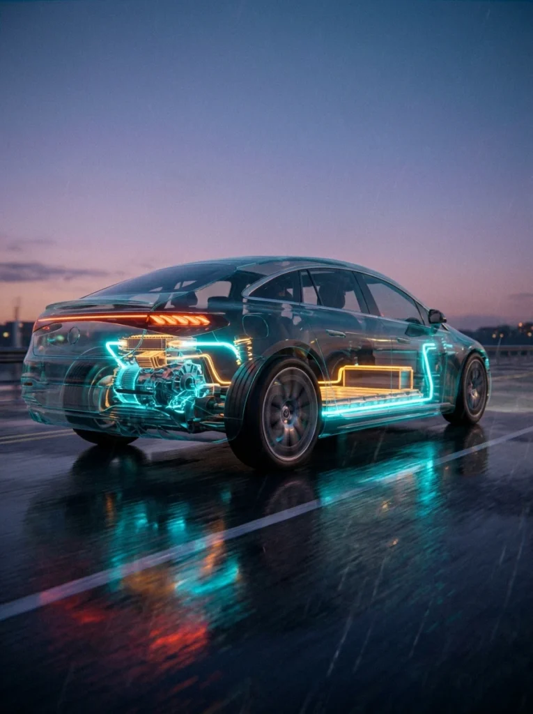 Motores Eléctricos e Híbridos_Car_driving_on_wet_road Vista en rayos X de la integración del motor eléctrico e-axle y batería en el chasis de un auto. - Motores Eléctricos e Híbridos