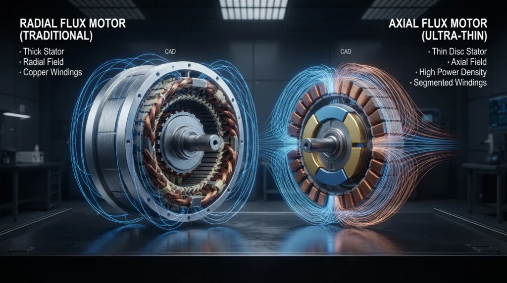 Motores Eléctricos e Híbridos_Electric_car_motor_stators_compa Comparación técnica en 3D entre un motor de flujo axial compacto en forma de disco y un motor de flujo radial convencional. - Motores Eléctricos e Híbridos
