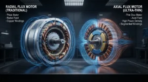 Comparación técnica en 3D entre un motor de flujo axial compacto en forma de disco y un motor de flujo radial convencional. - Motores Eléctricos e Híbridos