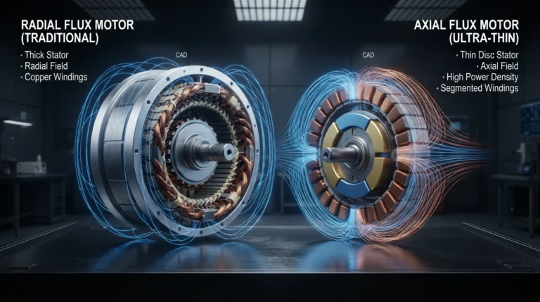 Comparación técnica en 3D entre un motor de flujo axial compacto en forma de disco y un motor de flujo radial convencional. - Motores Eléctricos e Híbridos