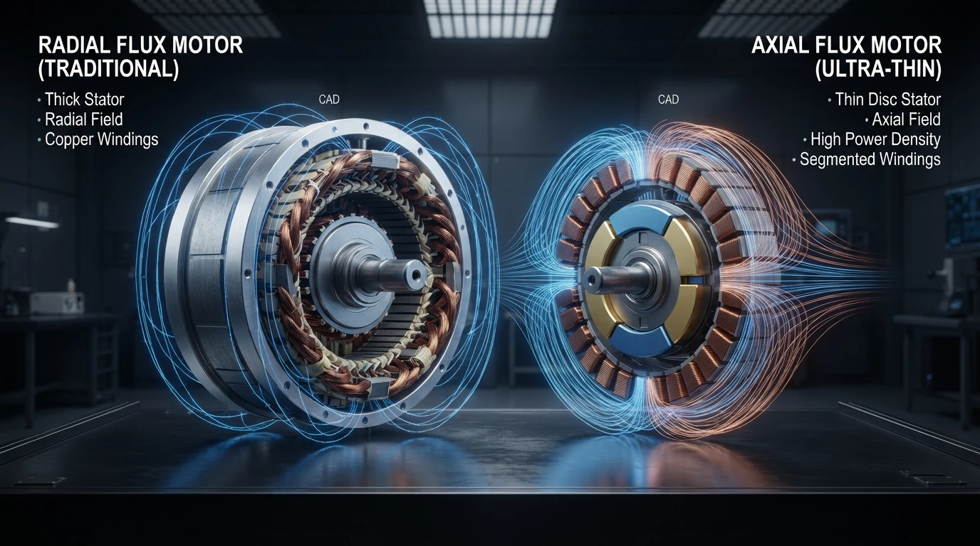 Comparación técnica en 3D entre un motor de flujo axial compacto en forma de disco y un motor de flujo radial convencional. - Motores Eléctricos e Híbridos