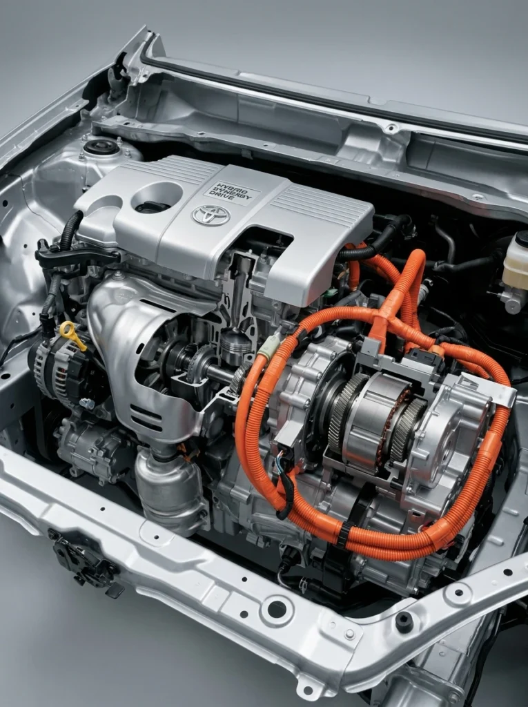 Motores Eléctricos e Híbridos_Hybrid_vehicle_engine_bay_integr Vista esquemática del motor térmico y módulo de motor eléctrico integrados en el vano motor de un vehículo híbrido. - Motores Eléctricos e Híbridos