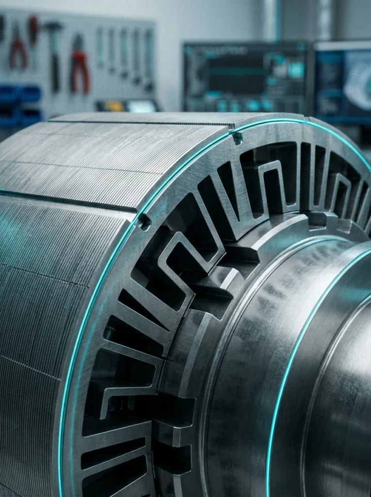 Motores Eléctricos e Híbridos_SynRM_rotor_with_steel_laminations Rotor de motor eléctrico síncrono de reluctancia (SynRM) fabricado sin imanes permanentes ni tierras raras. - Motores Eléctricos e Híbridos