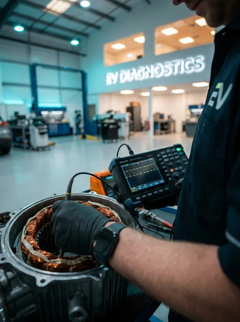Motores Eléctricos e Híbridos_Technician_checking_electric_veh Técnico especialista realizando diagnóstico y control de aislamiento de alta tensión en un motor eléctrico. - Motores Eléctricos e Híbridos