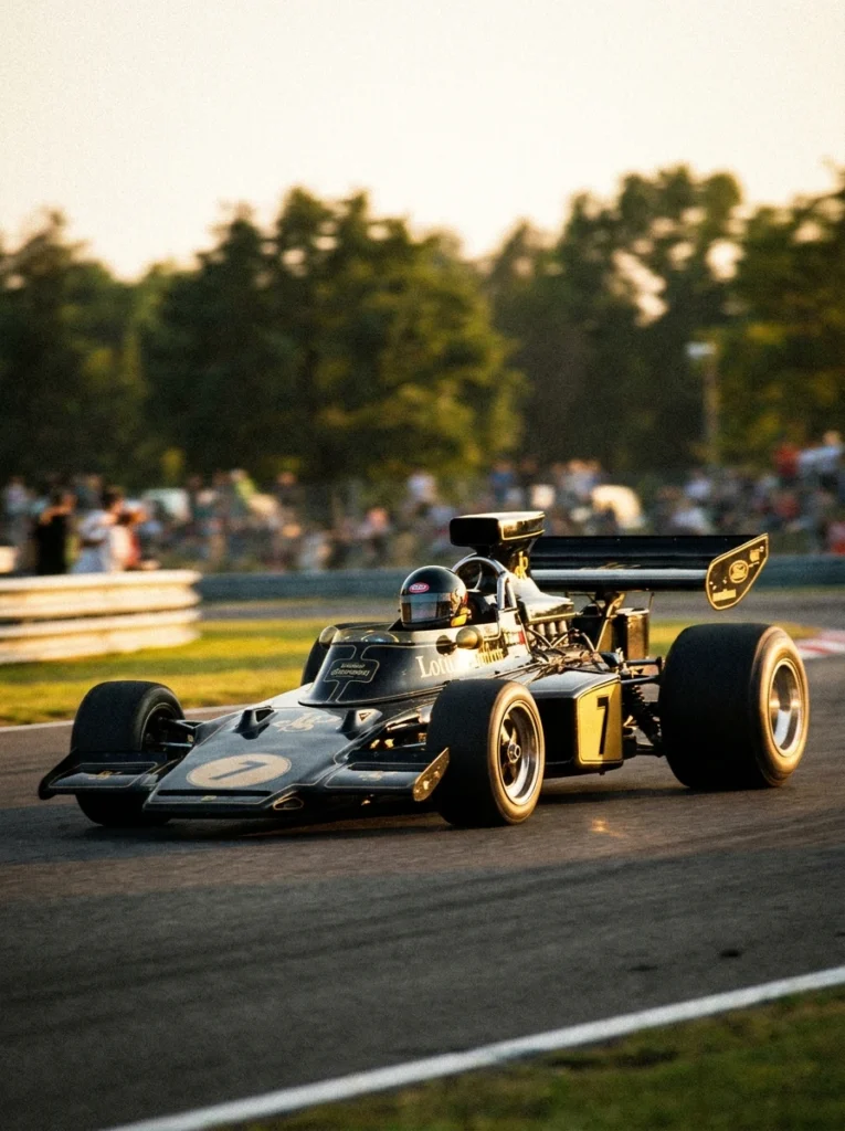 Histórico monoplaza Lotus de los años 70 mostrando los primeros alerones y el efecto suelo en la evolución de la Fórmula 1. -Historia de la Fórmula 1 -