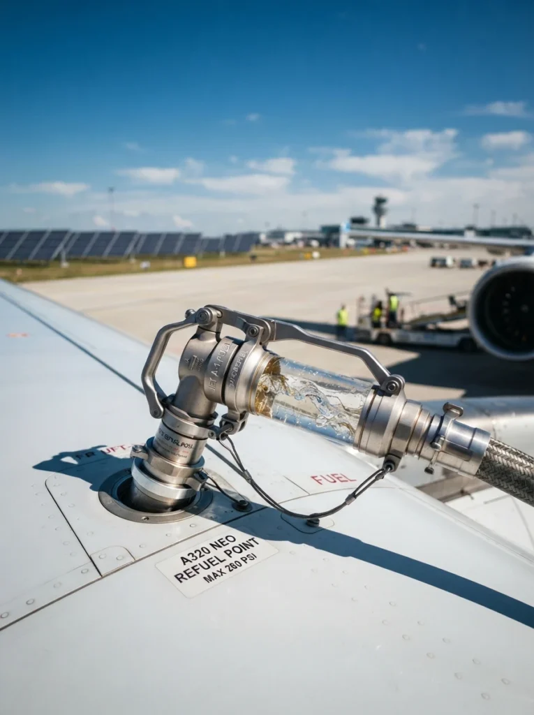 Aircraft_engine_refueling_nozzle…_fotosintesis-artificial-el-reemplazo-del-petroleo Reabastecimiento de e-queroseno sintético drop-in en una turbina de avión comercial.