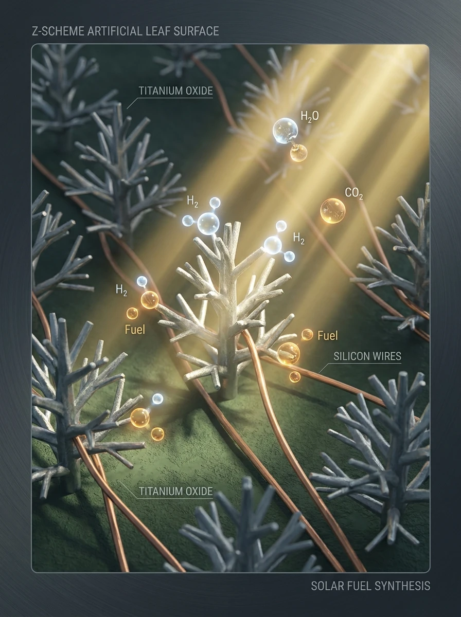 Representación en 3D del esquema Z fotoelectroquímico y nanocatalizadores en una hoja artificial.