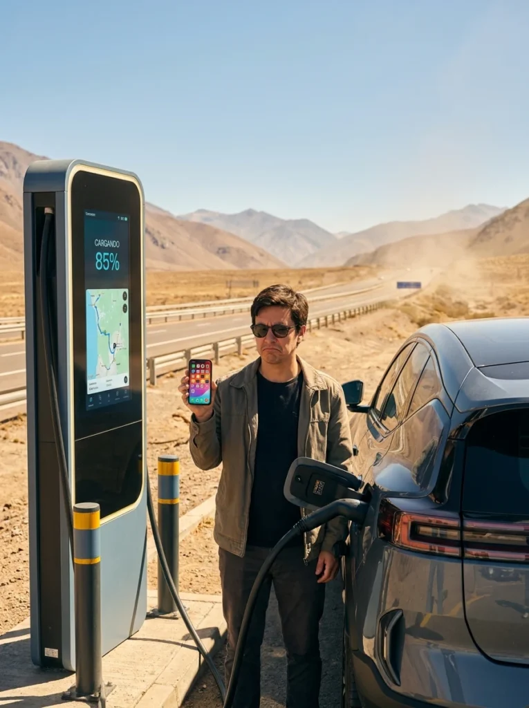 Conductor consultando aplicaciones móviles para cargar su vehículo eléctrico en una estación de servicio en la ruta.