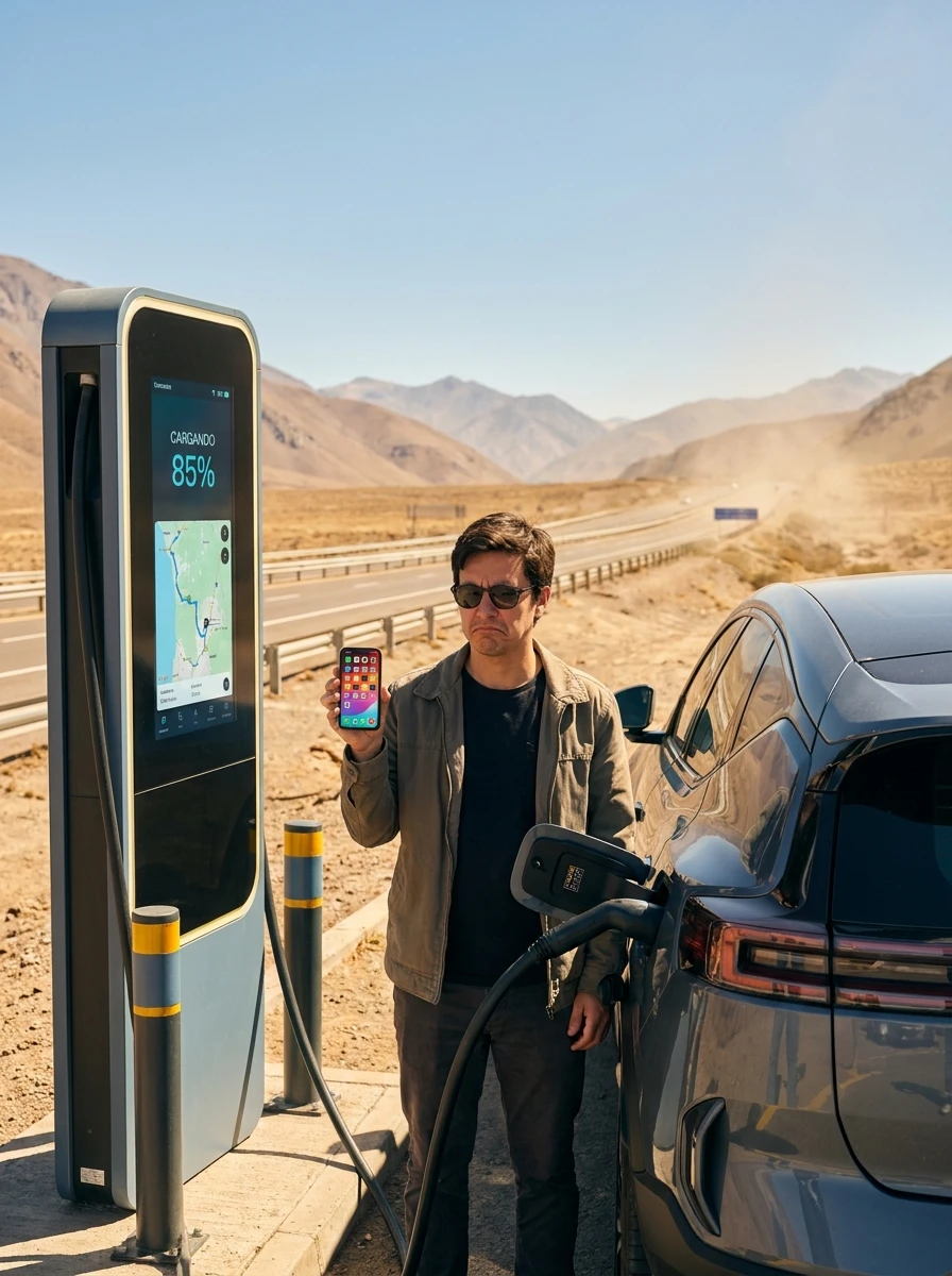 Conductor consultando aplicaciones móviles para cargar su vehículo eléctrico en una estación de servicio en la ruta.