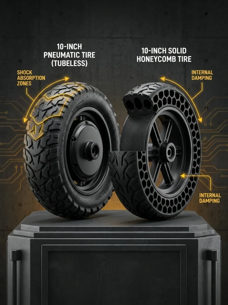 Comparativa visual entre rueda neumática tubeless y rueda maciza honeycomb de 10 pulgadas para transporte de micromovilidad.
