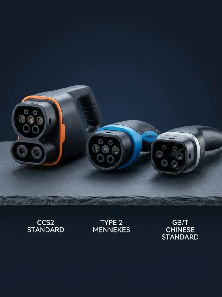 Comparativa visual de conectores para autos eléctricos tipos CCS2, Mennekes Tipo 2 y estándar chino GB/T.