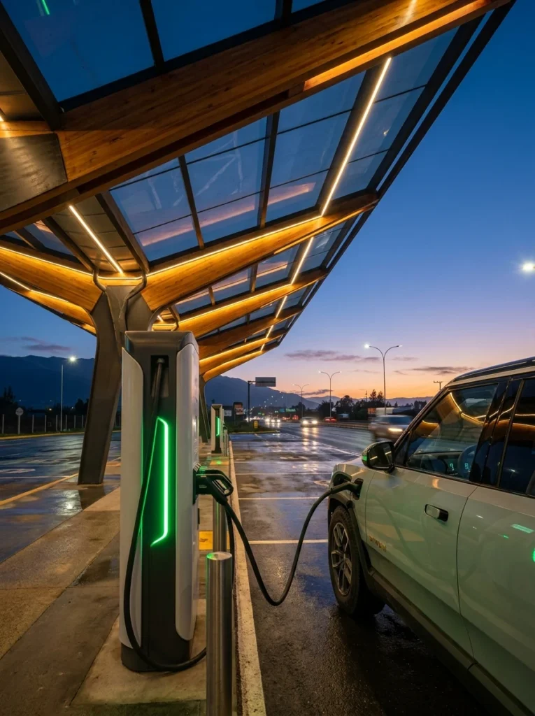 Estación de carga rápida de corriente continua (DC) para vehículos eléctricos en un corredor vial interurbano.