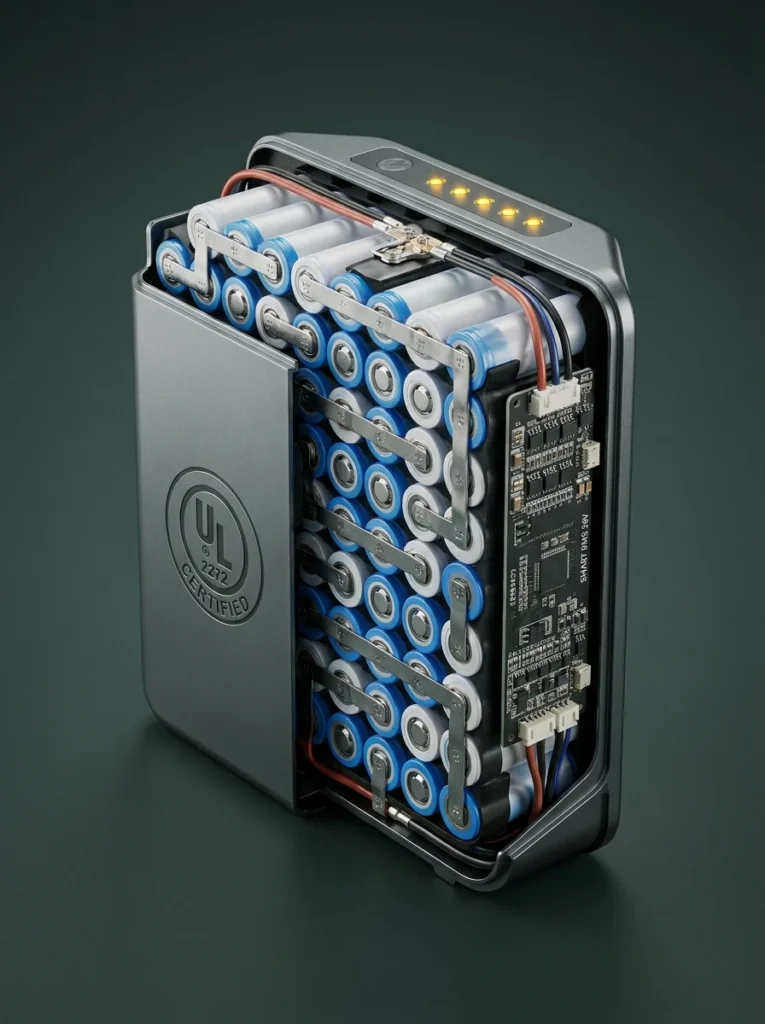 Corte técnico de paquete de batería de litio para monopatín eléctrico con sistema BMS y certificación de seguridad UL 2272.