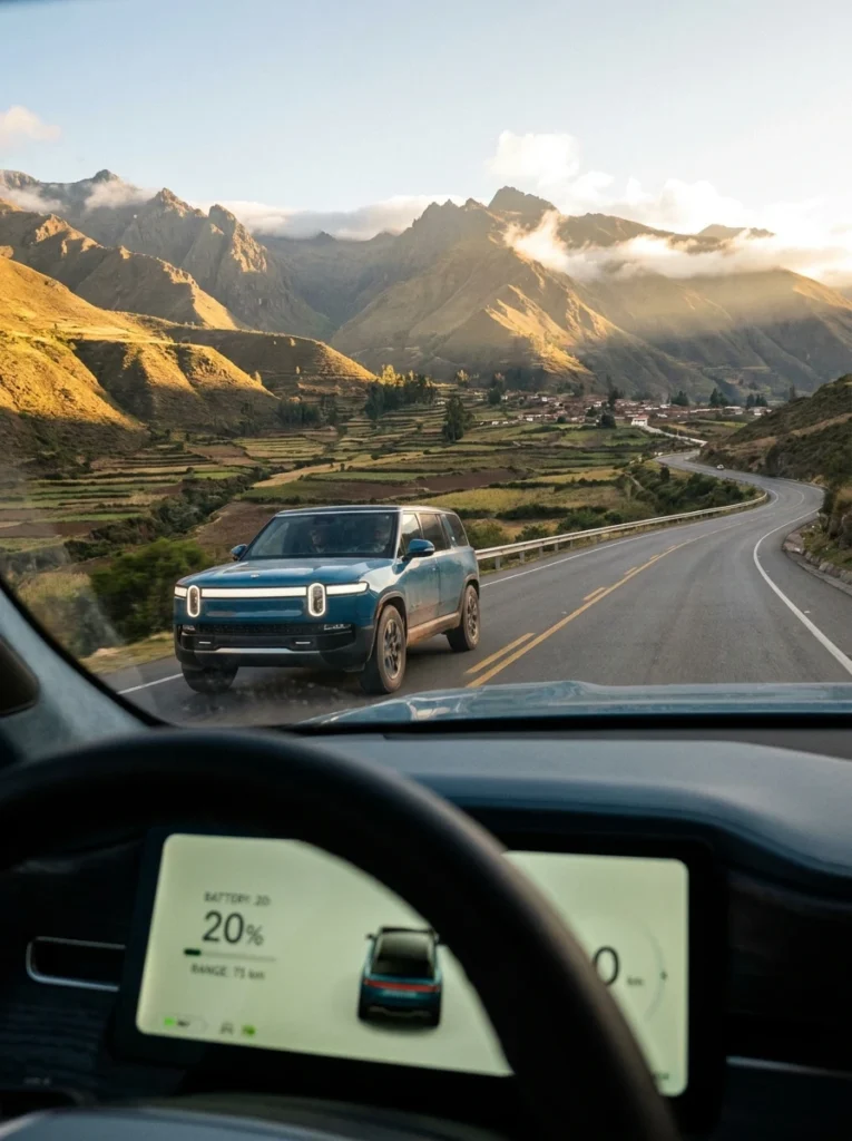 Auto eléctrico circulando por una ruta interurbana en Latinoamérica durante un viaje de larga distancia.