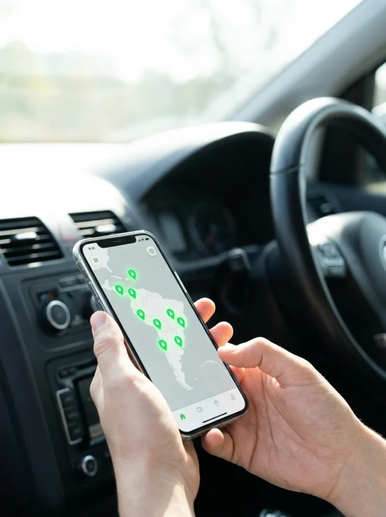 Mapa interactivo con ubicaciones de cargadores de autos eléctricos en smartphone mediante app.