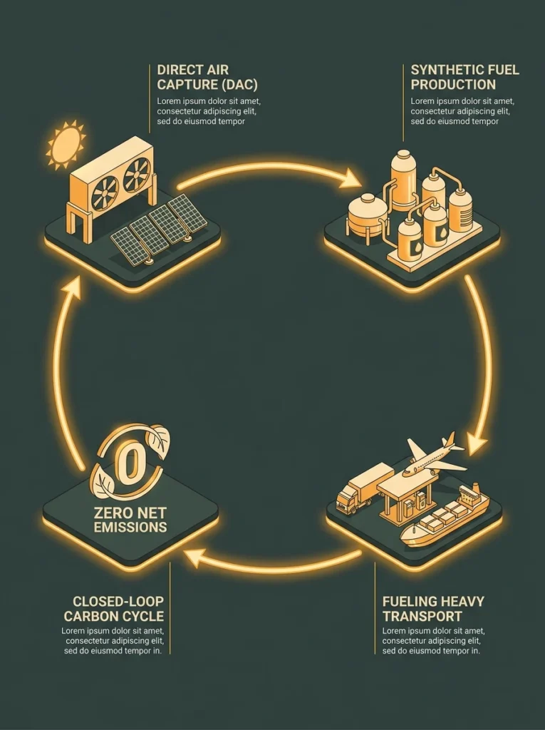 Synthetic_solar_fuels_carbon_cycle_fotosintesis-artificial-el-reemplazo-del-petroleo Infografía del ciclo cerrado de carbono y balance neto neutro de la fotosíntesis artificial.