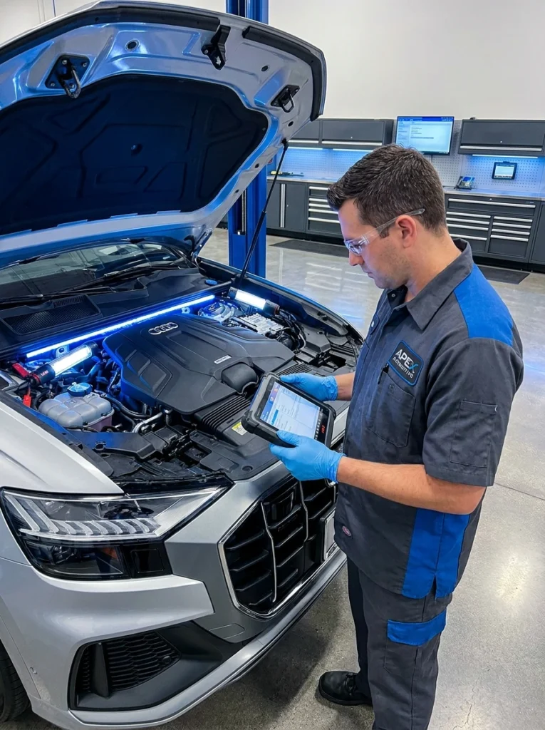 Technician_inspecting_SUV_engine_202608102014 Inspección de taller mecánico para mantenimiento y service de 30000 km en un SUV.