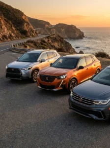 Comparativa frontal entre Toyota Corolla Cross, Volkswagen Tera y Peugeot 2008 en carretera. Estrategia SEO: Esta imagen funciona com