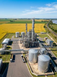 Vista aérea de una planta de procesamiento de biodiésel a partir de aceite de soja en la provincia de Santa Fe.