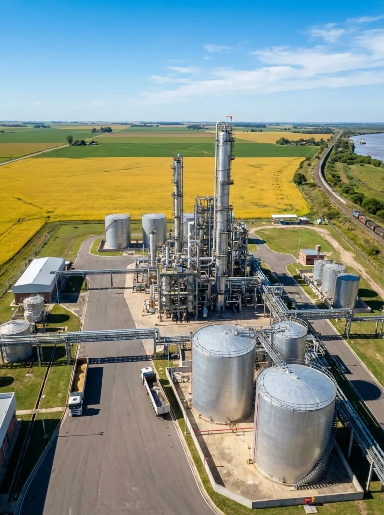 Vista aérea de una planta de procesamiento de biodiésel a partir de aceite de soja en la provincia de Santa Fe.