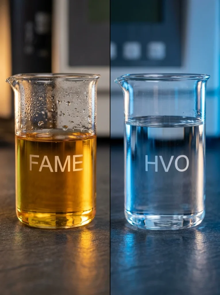 Muestra comparativa en laboratorio entre biodiésel FAME tradicional de soja y diésel renovable HVO cristalino.