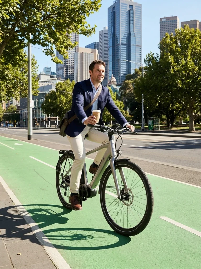 Ciclista urbano desplazándose en bicicleta eléctrica por una ciclovía en la ciudad de forma cómoda y rápida.