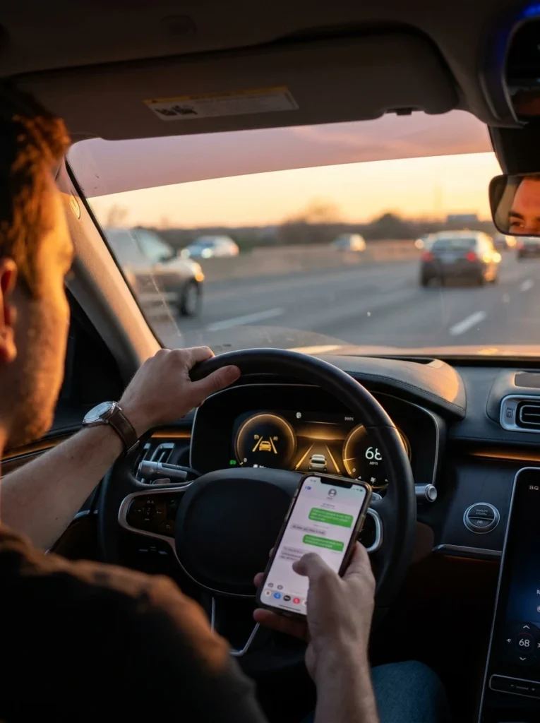 Conductor distraído mirando el celular mientras utiliza los sistemas de conducción asistida en la ruta.