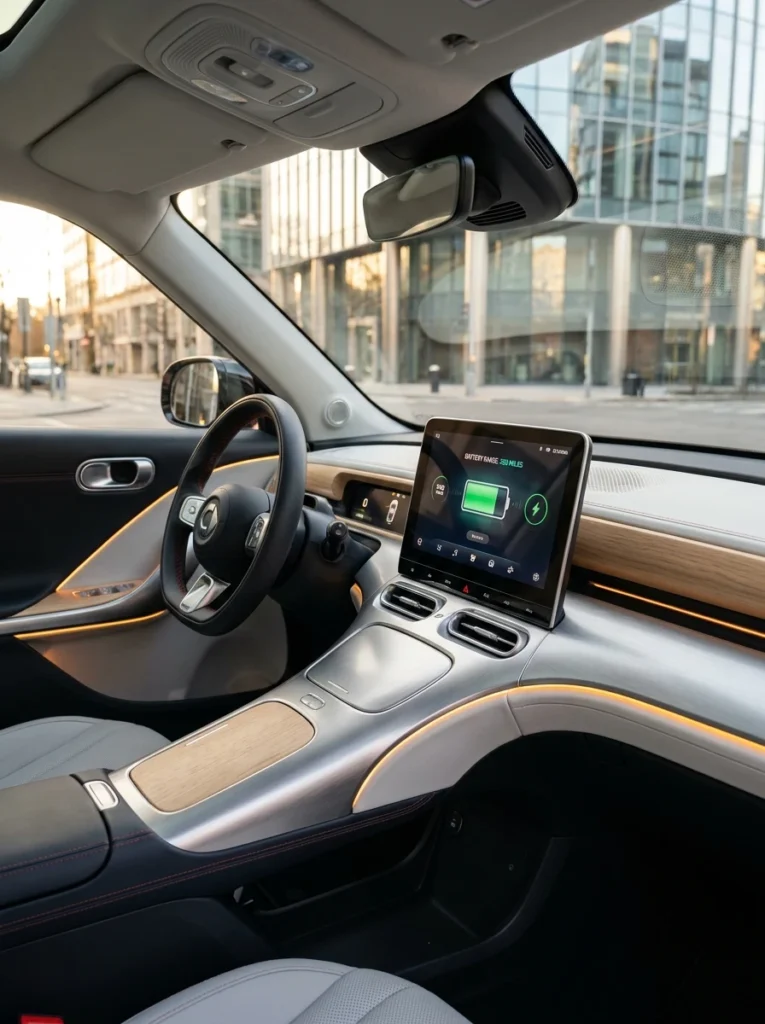 Electric_vehicle_cockpit_interio…_smart-vuelve-a-argentina Interior del nuevo Smart eléctrico con pantalla táctil e iluminación ambiental.