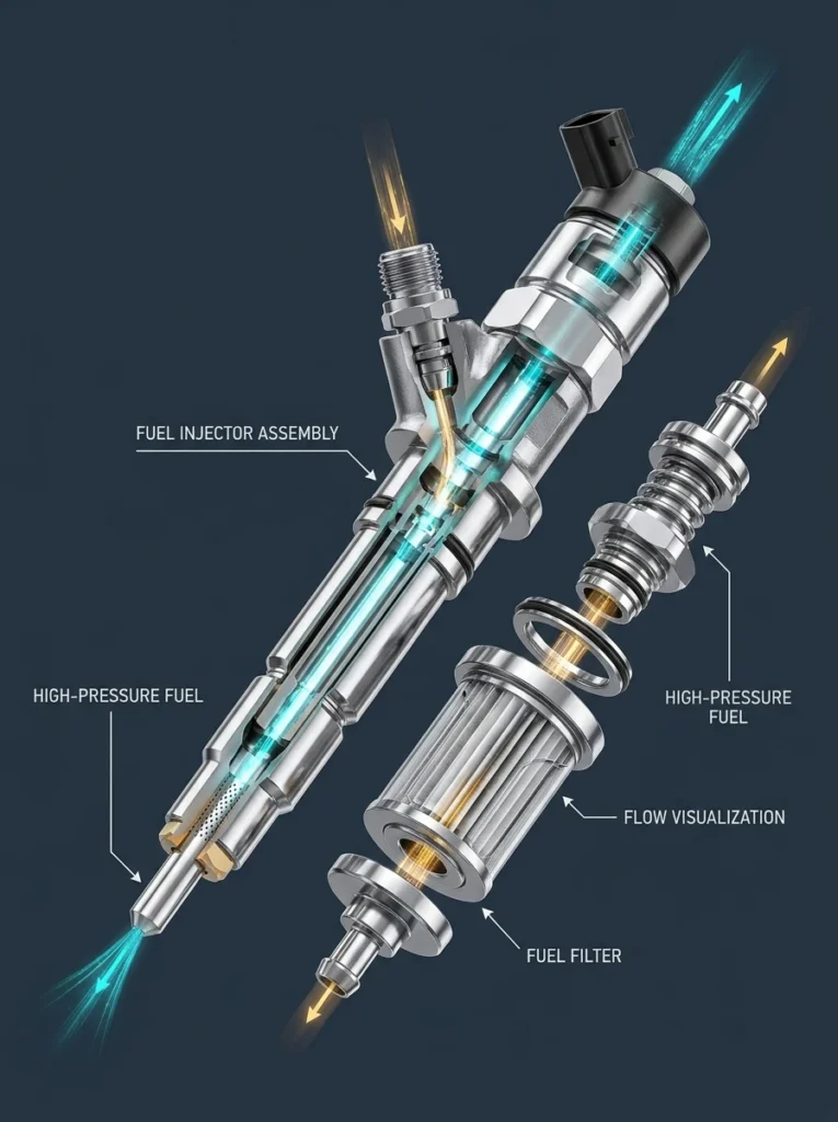 Esquema técnico de inyector diésel Common Rail y filtro de combustible para uso seguro de gasoil B10.