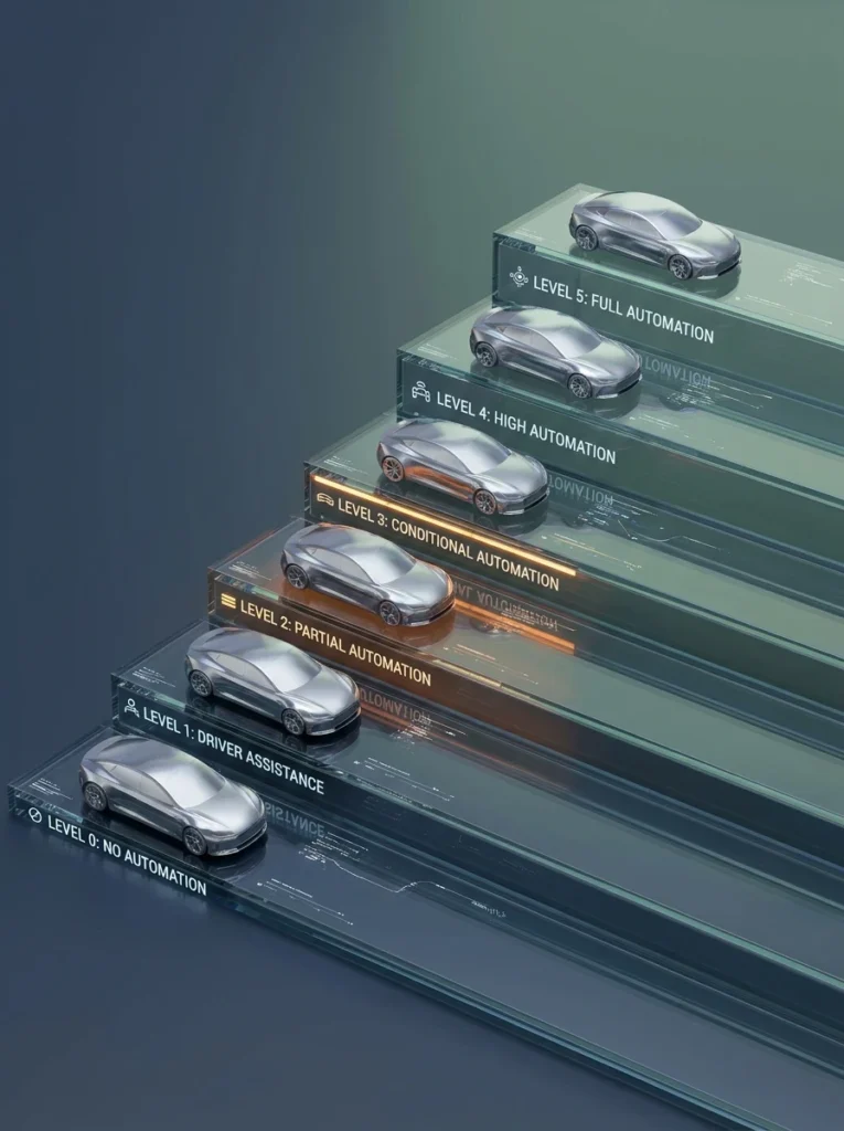 Infografía 3D de la escala de los niveles de conducción autónoma SAE del Nivel 0 al Nivel 5.