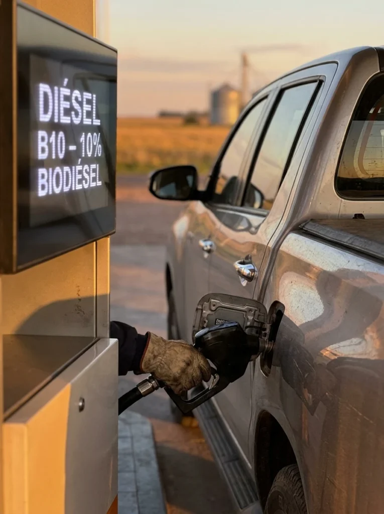 Camioneta cargando gasoil con mezcla B10 de biodiésel en una estación de servicio argentina.