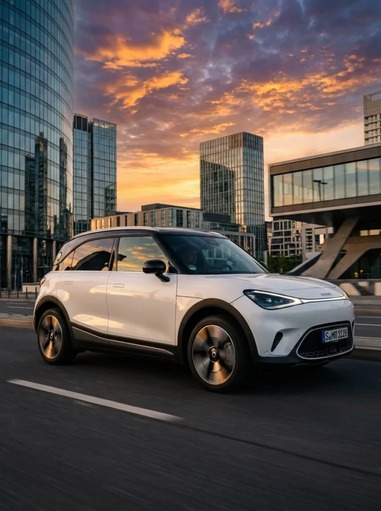 Smart_#1_electric_SUV_driving_smart-vuelve-a-argentina Nuevo SUV eléctrico Smart #1 blanco circulando por la ciudad.