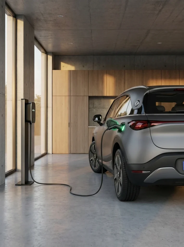 Smart_electric_car_charging_garage_smart-vuelve-a-argentina Vehículo eléctrico Smart #1 cargándose con un cargador Wallbox en un garage.