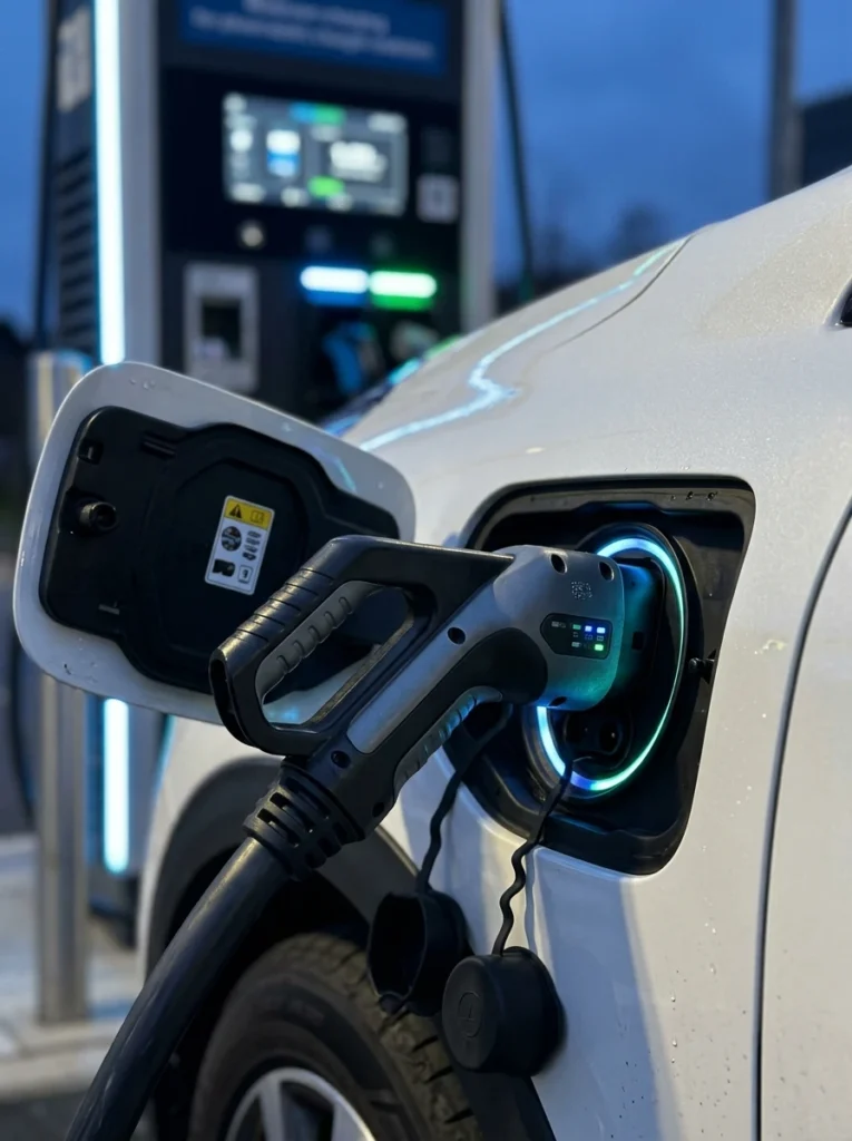 Conector de carga rápida enchufado a un auto eléctrico en una estación urbana moderna.