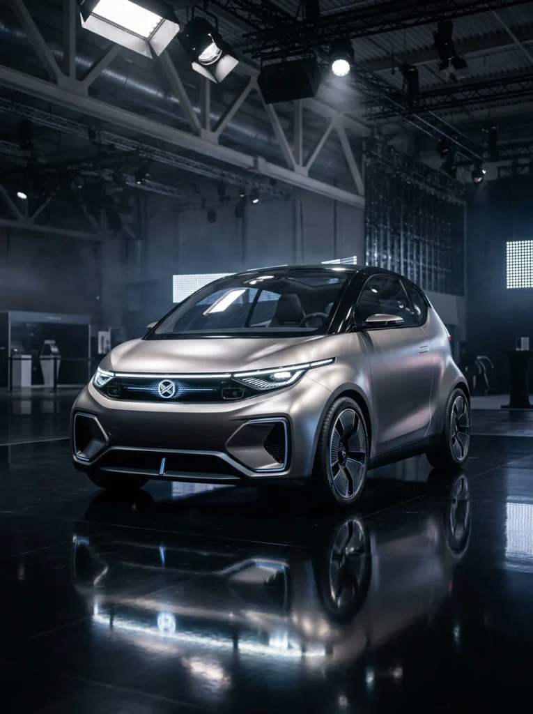 Auto eléctrico compacto de nueva generación con diseño vanguardista en estudio.