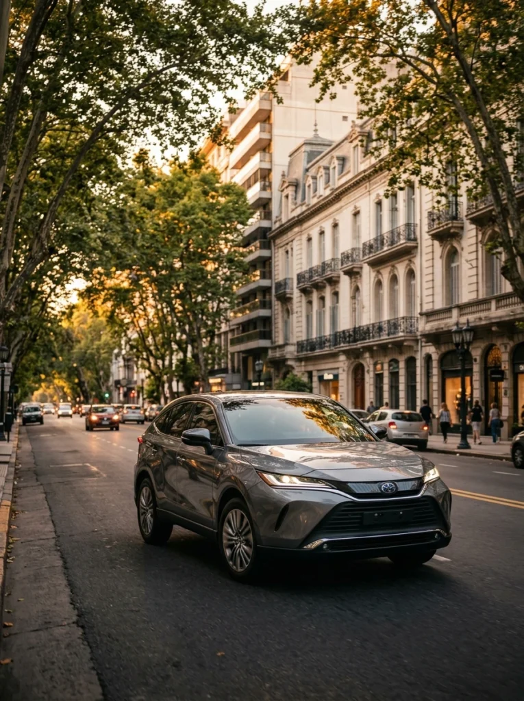SUV híbrida circulando por una avenida urbana en Argentina durante el atardecer.