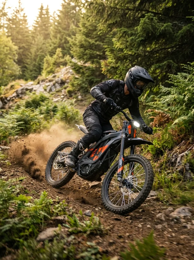 Rider_carving_mountain_trail_surron-ultra-bee-2026 Surron Light Bee X 2026 acelerando en un sendero de montaña durante una práctica de enduro.
