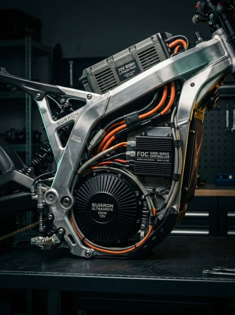 Surron_electric_motorcycle_inter…_surron-ultra-bee-2026_1 Detalle técnico del motor eléctrico, controlador FOC y batería de litio de la Surron 2026.