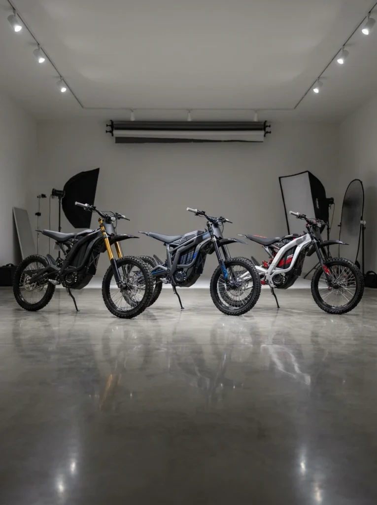Three_electric_enduro_bikes_parked_surron-ultra-bee-2026 Comparativa visual de frente entre la Surron Light Bee X 2026, Talaria Sting R y Eride Pro SS.