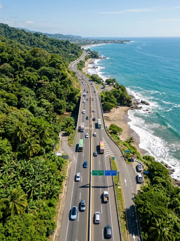 Autopista en Latinoamérica con tráfico mixto de vehículos sustentables y modernos.